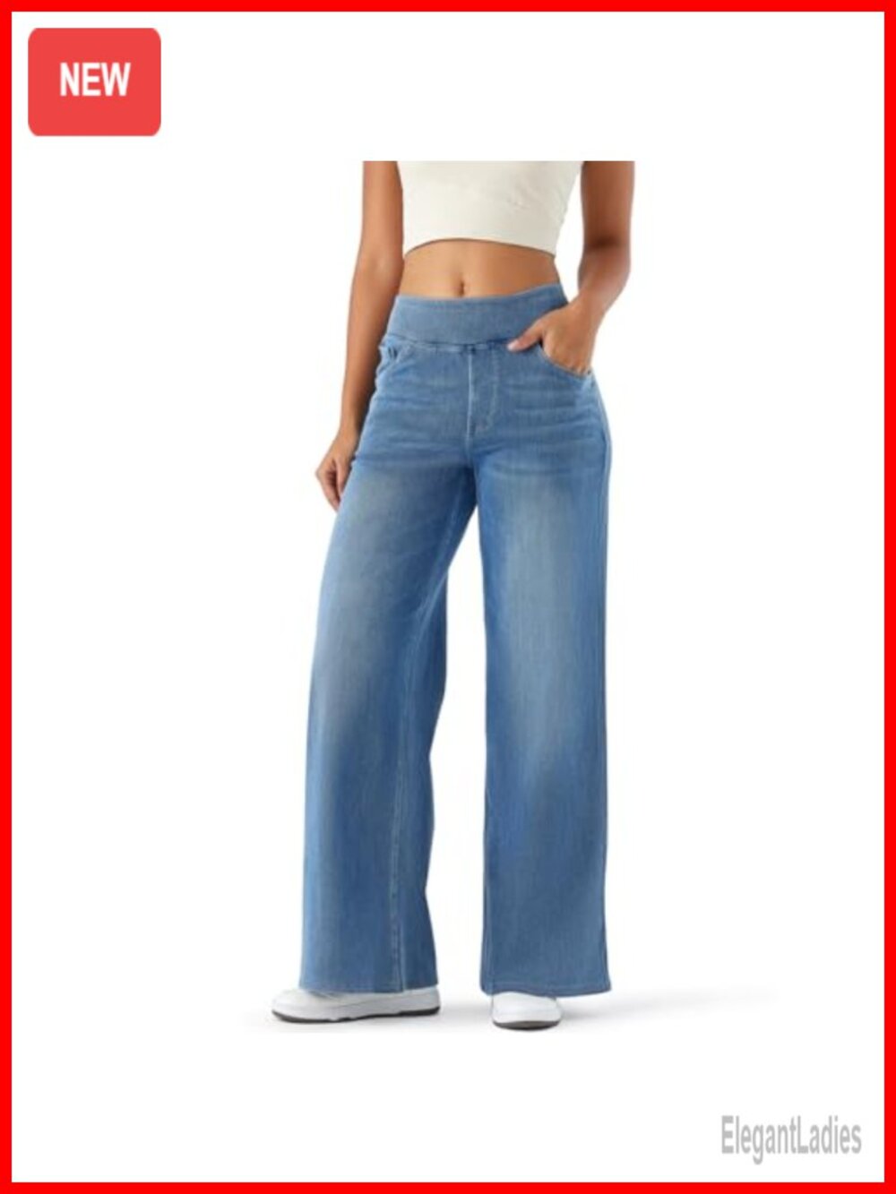 High Rise Wide Leg Cotton Blend Jeans, Loose Fit